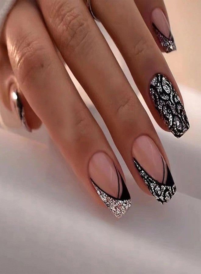 TOGZOM Black French Tip Press on Nails Medium Coffin Fake Nails Silver Glitter False Nails with Design Leopard Glue on Nails Short Acrylic Nails Stick on Nails for Women Manicure 24Pcs - Image 1